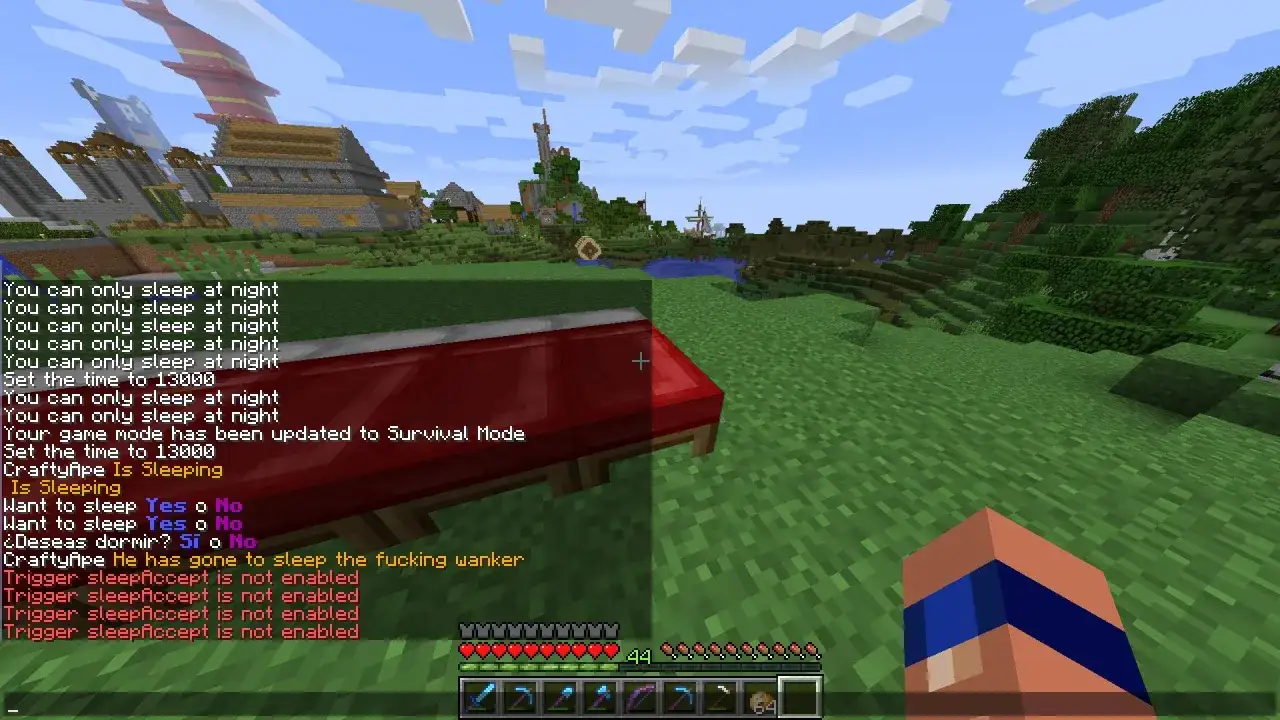 Minecraftowe komendy pokazują, że gracz może spać tylko w nocy. Czas ustawiono na 13000, a tryb gry zmieniono na Survival.