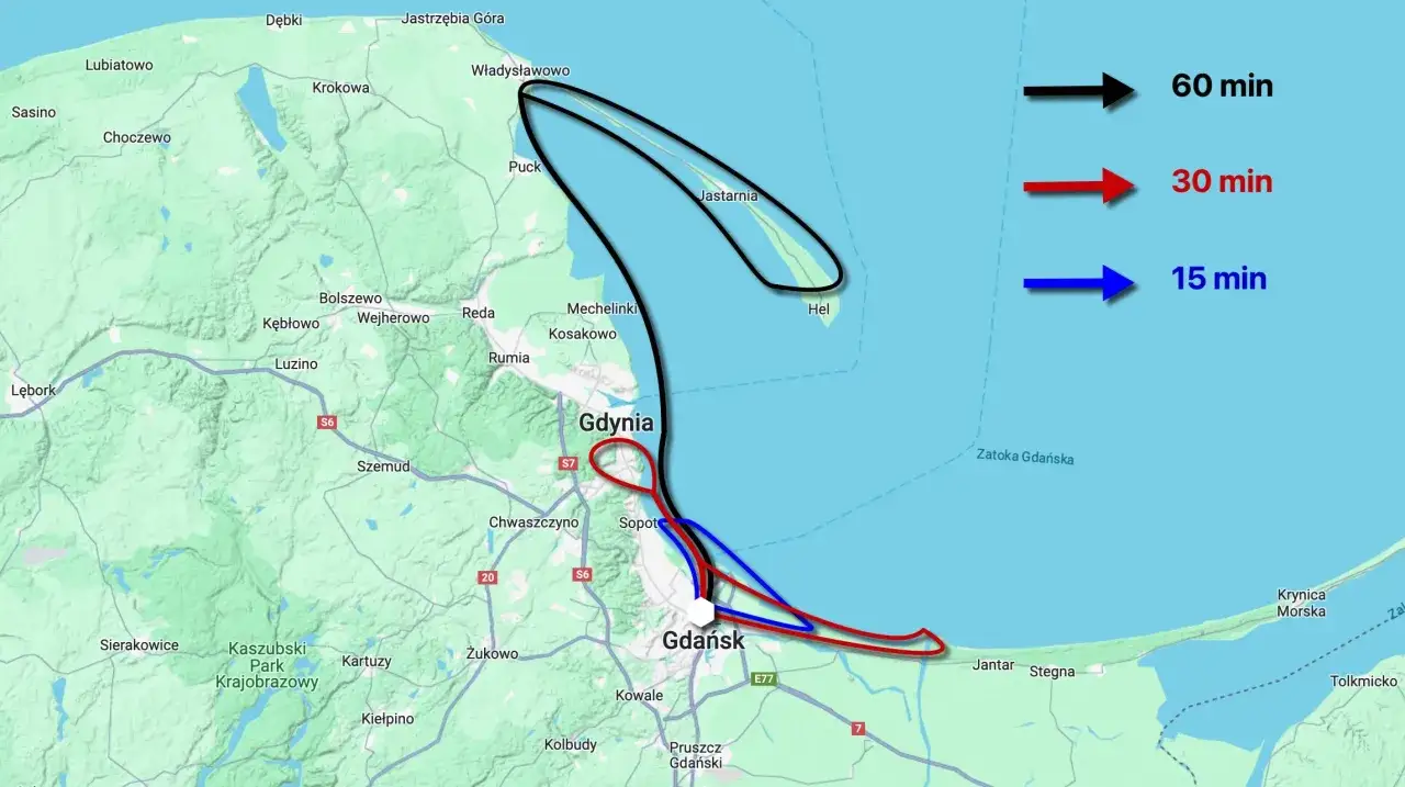 Trasa z Trójmiasta na Hel i z powrotem. Długość półwyspu helskiego i czas podróży różnymi trasami: czarna 60 min, czerwona 30 min, niebieska 15 min.