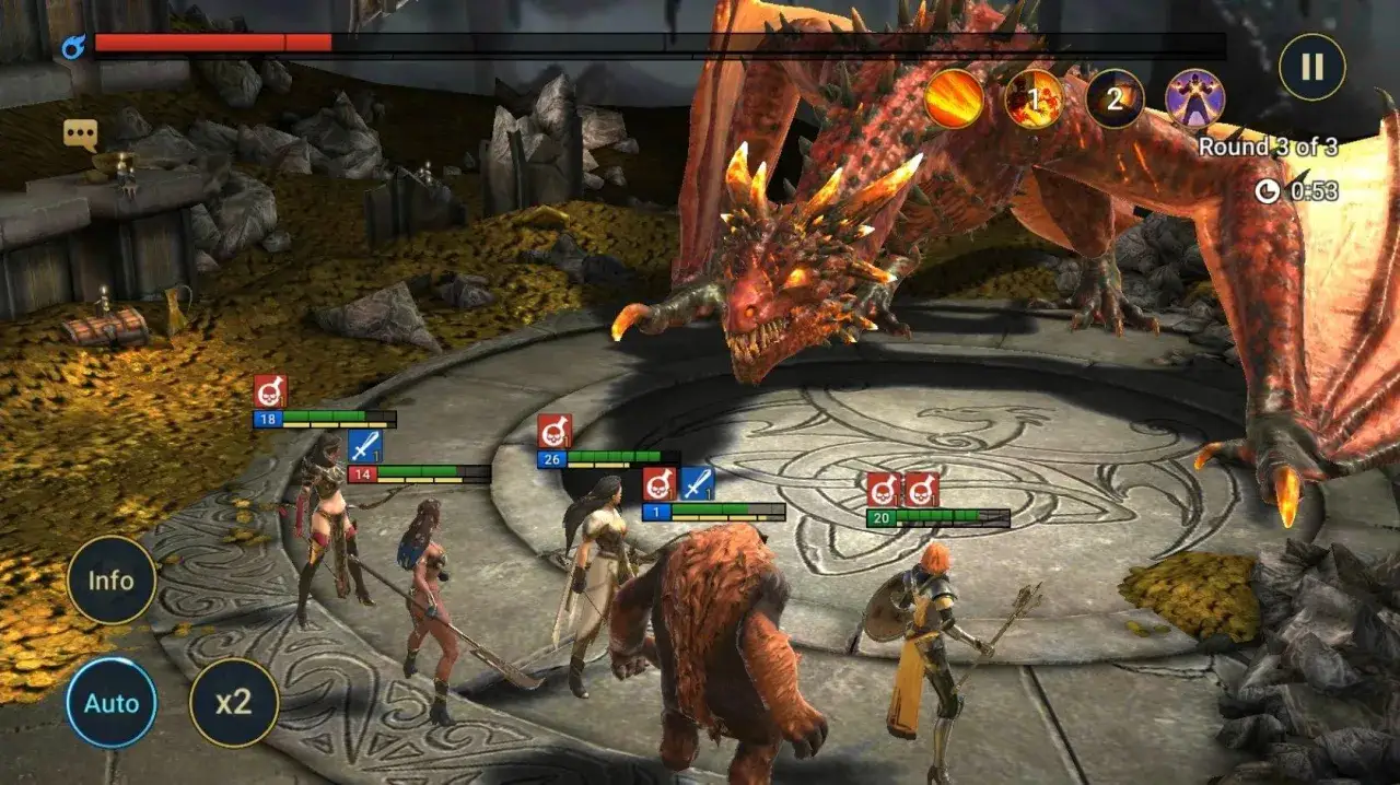 Smok walczy z drużyną bohaterów w grze mmorpg na telefon. Bitwa w rundzie 3 z 3.