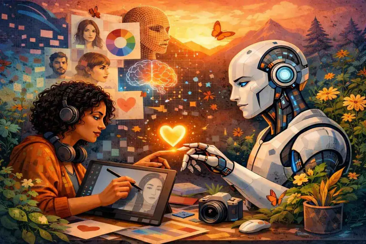 Una artista y un robot interactúan, creando arte con IA. El futuro de las **imagenes de la ia** se ilumina con un corazón.