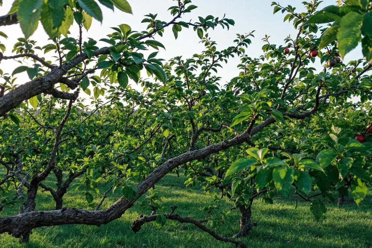 Verdoyante plantation de pruniers, certains fruits rouges commencent &agrave; appara&icirc;tre. Id&eacute;al pour savoir quand tailler les pruniers.