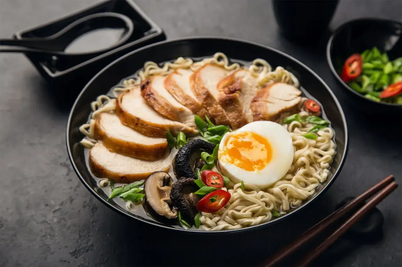 Un delicioso tazón de ramen con pollo, huevo cocido, champiñones y chile. Una receta de ramen perfecta para disfrutar.