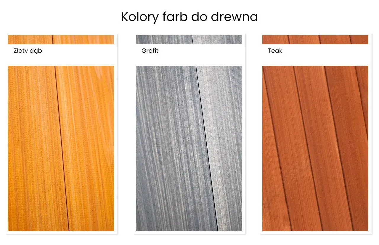 Trzy pr&oacute;bki drewna: złoty dąb, grafit i teak. R&oacute;żnorodne kolory drewna podkreślają jego naturalne piękno.
