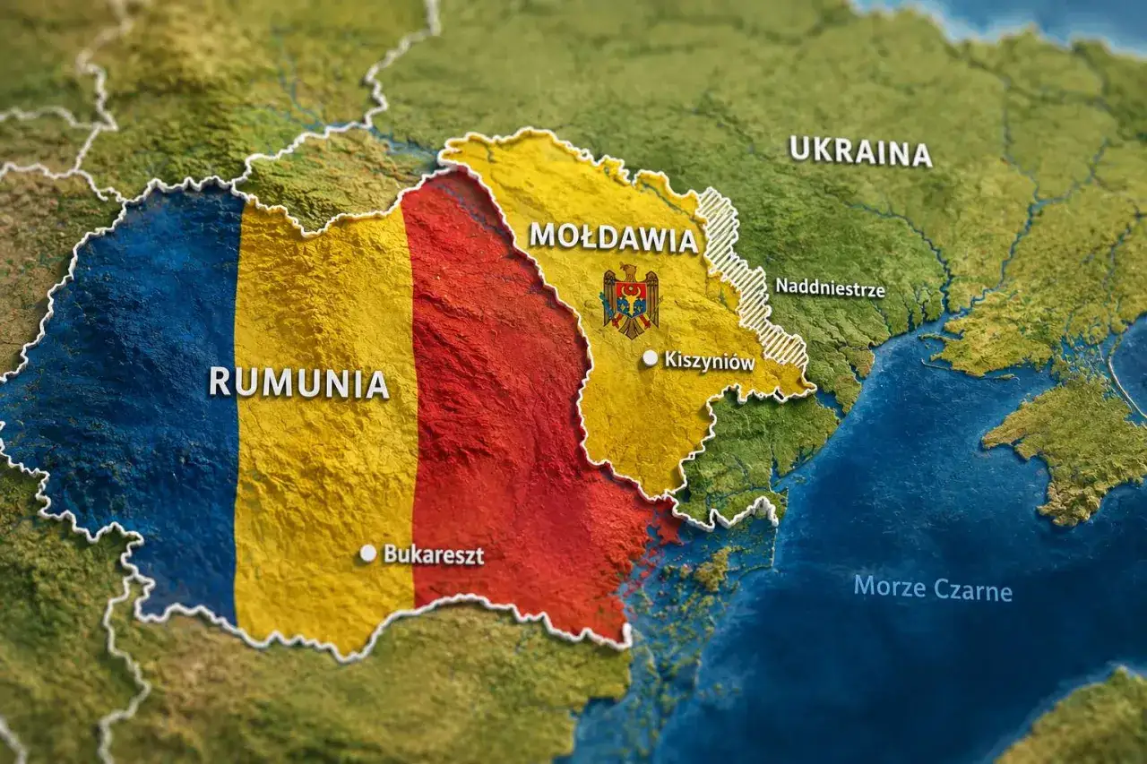 Mapa Europy Wschodniej z zaznaczoną Rumunią, Mołdawią i Ukrainą. Rumunia, jako członek Unii Europejskiej, graniczy z Mołdawią i Ukrainą.