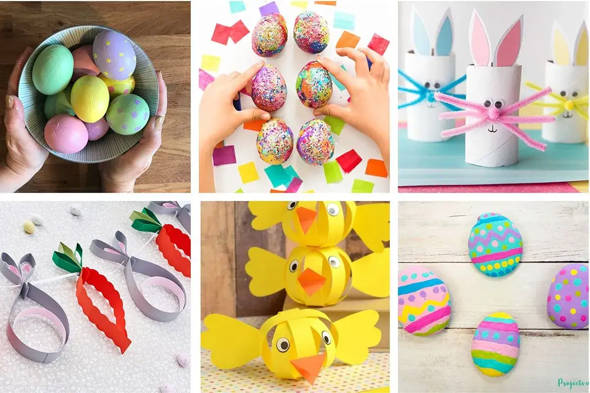 Bunte Ostern: Bastelideen für Kinder mit Ostereiern, Küken und Osterhasen aus Klopapierrollen.