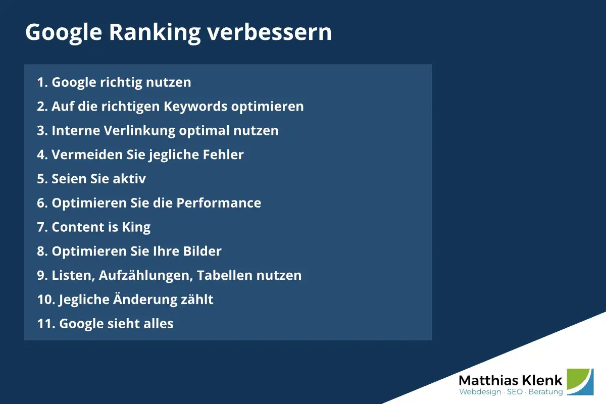 Tipps zur Verbesserung des Google Rankings: Keywords optimieren, interne Verlinkung, Fehler vermeiden, Content, Bilder, Listen und mehr.