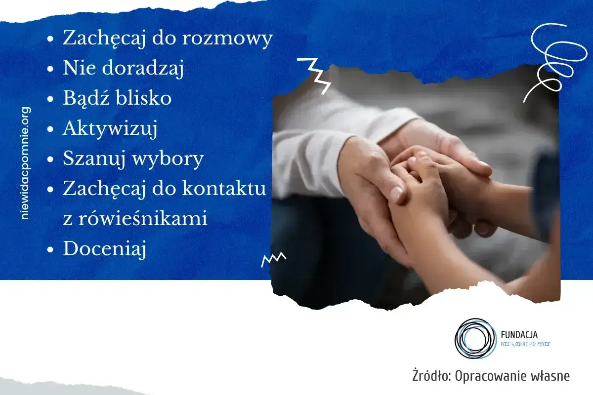 Jak pom&oacute;c dziecku w depresji: zachęcaj do rozmowy, bądź blisko, szanuj wybory. Dłoń dorosłego obejmuje dłoń dziecka, symbol wsparcia.