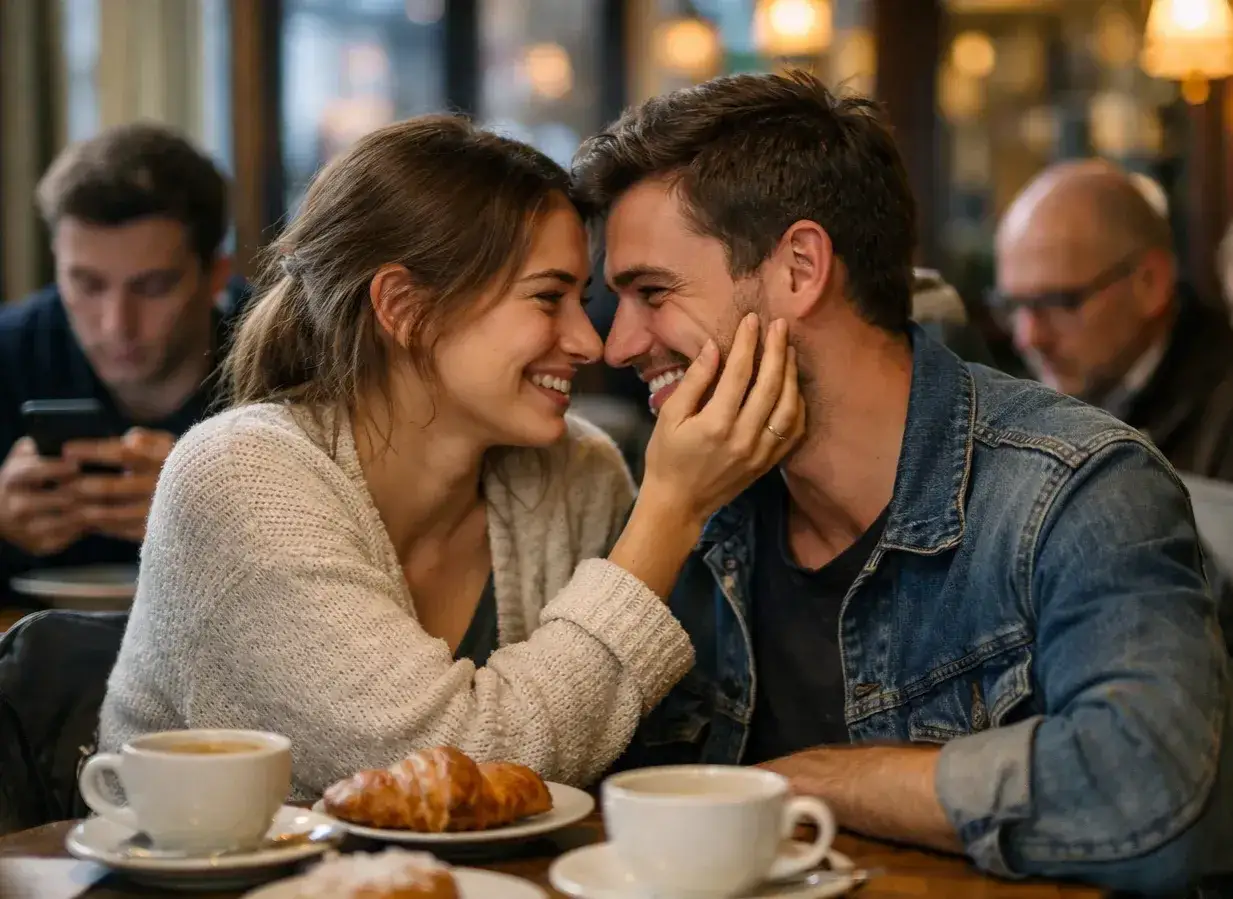 Para jak wyjść z friendzone, patrzą na siebie z czułością przy kawie i rogalikach.