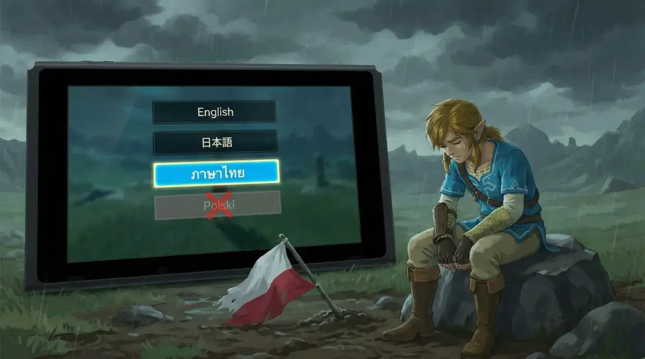 Smutny Link siedzi w deszczu obok konsoli, na której nie ma opcji