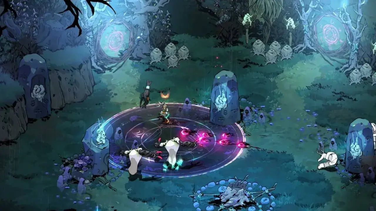 Postacie z Hades 2 walczą w mrocznym lesie, otoczone magicznym kręgiem i kamiennymi nagrobkami.