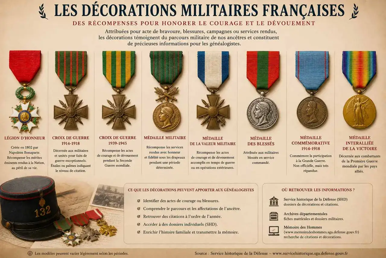 Les décorations militaires françaises aident à retrouver un officier. Elles témoignent du parcours de nos ancêtres et fournissent des informations précieuses.