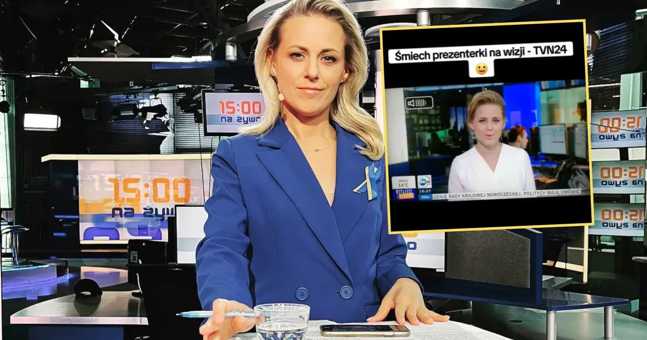 Marta Kłos w studiu TVN24, w niebieskiej marynarce z przypinką w barwach Ukrainy. W tle ekrany z godziną i napisem 