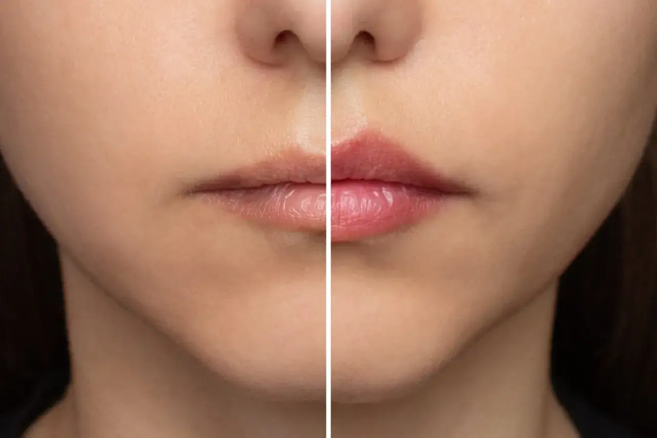 Prima e dopo: labbra pi&ugrave; piene e definite, un esempio di come rimpolpare le labbra in modo naturale per un sorriso radioso.