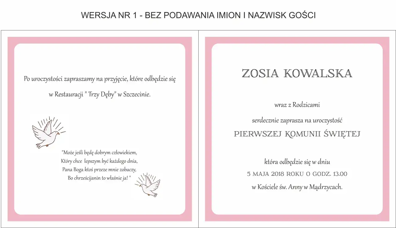 Szablon zaproszenia na komunię w Wordzie. Zosia Kowalska zaprasza na uroczystość Pierwszej Komunii Świętej.