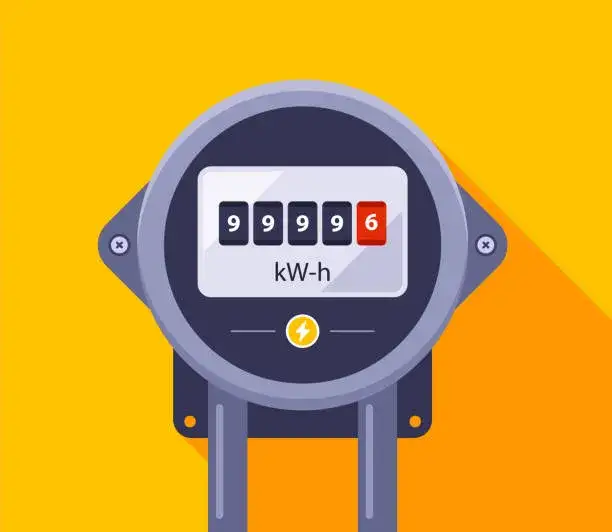 Grafika przedstawiająca licznik energii elektrycznej lub stos monet obok ładowarki