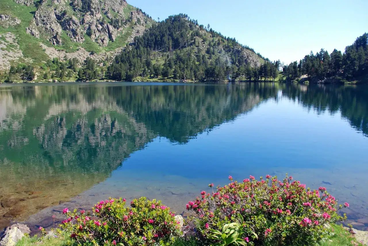 Magnifique lac du laurenti, aux eaux bleues et calmes, reflétant les montagnes verdoyantes et fleuries.
