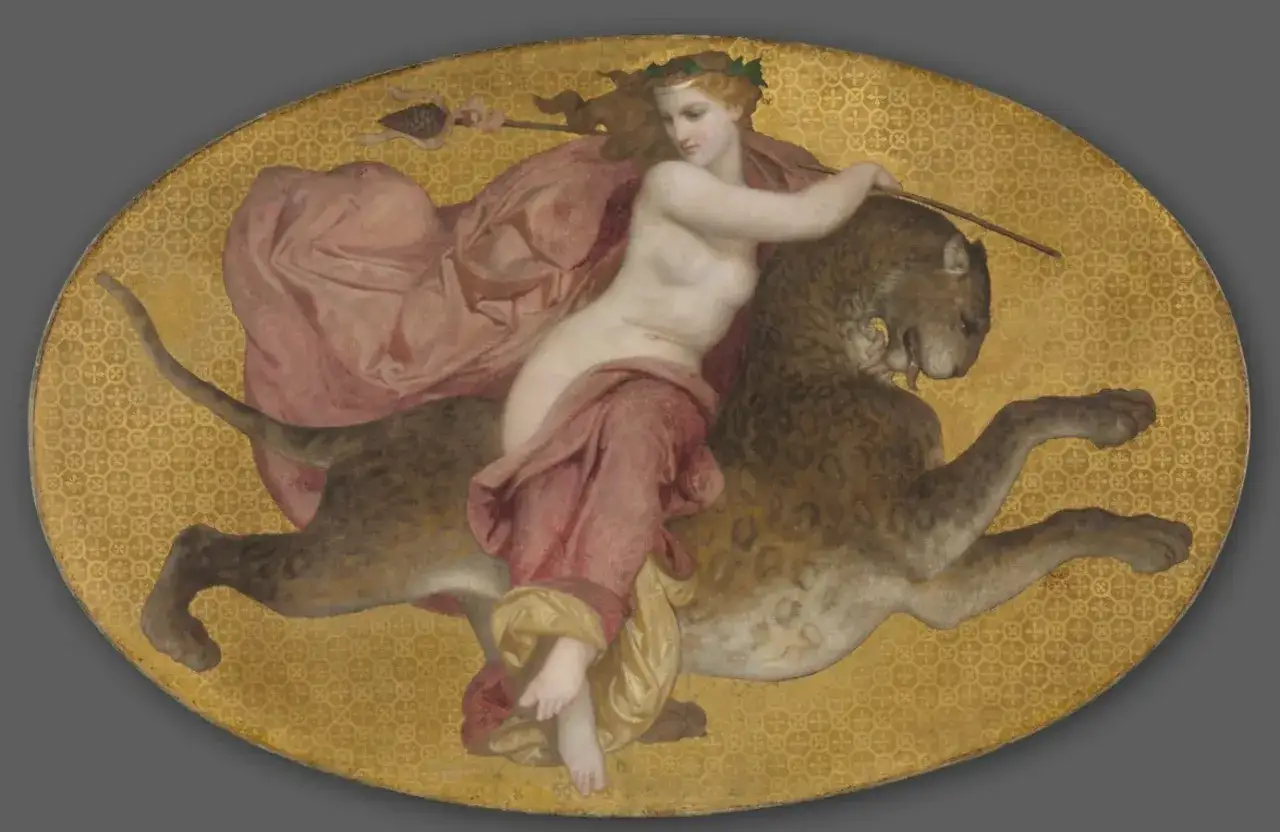 Une femme couronnée de lauriers chevauchant une panthère, rappelant Dionysos, dieu du vin et des fêtes.