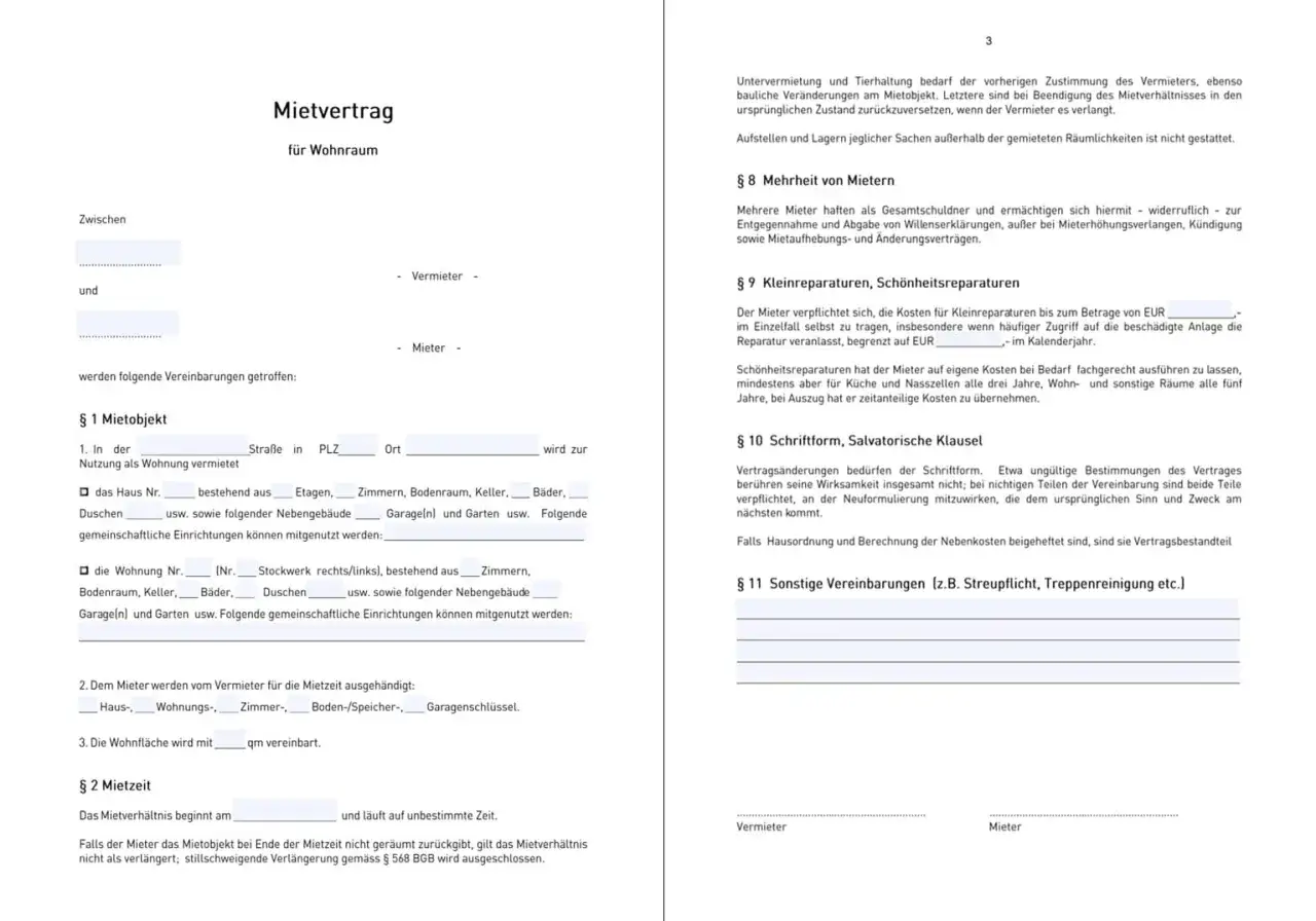 Mietvertrag f&uuml;r Wohnraum, &sect; 9 Kleinreparaturen, Sch&ouml;nheitsreparaturen: Mieter tr&auml;gt Kosten bis EUR... im Einzelfall, begrenzt auf EUR.../Jahr. &sect; 568 BGB.