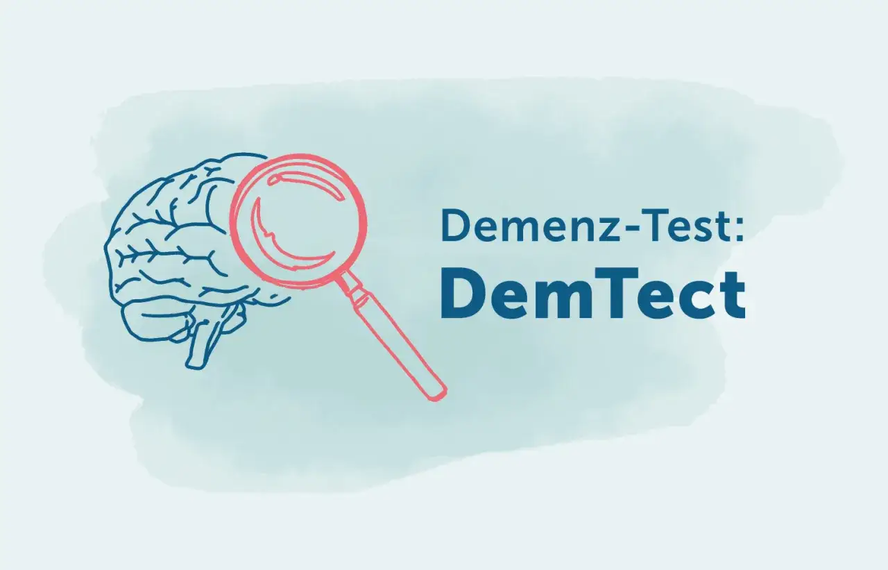 Gehirn mit Lupe, symbolisiert die Demtect Auswertung eines Demenz-Tests.