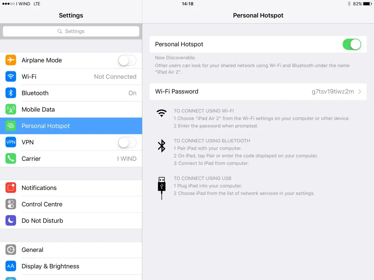 Impostazioni iPad: hotspot iPhone non funziona. La schermata mostra 