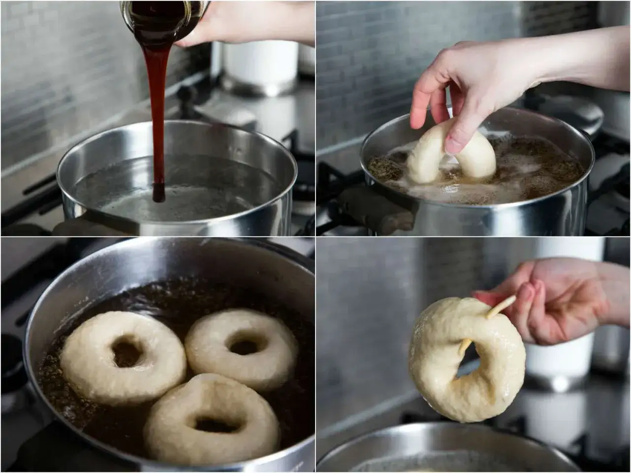 Bagels recept: koka degringar i vatten med sirap, sedan i olja.