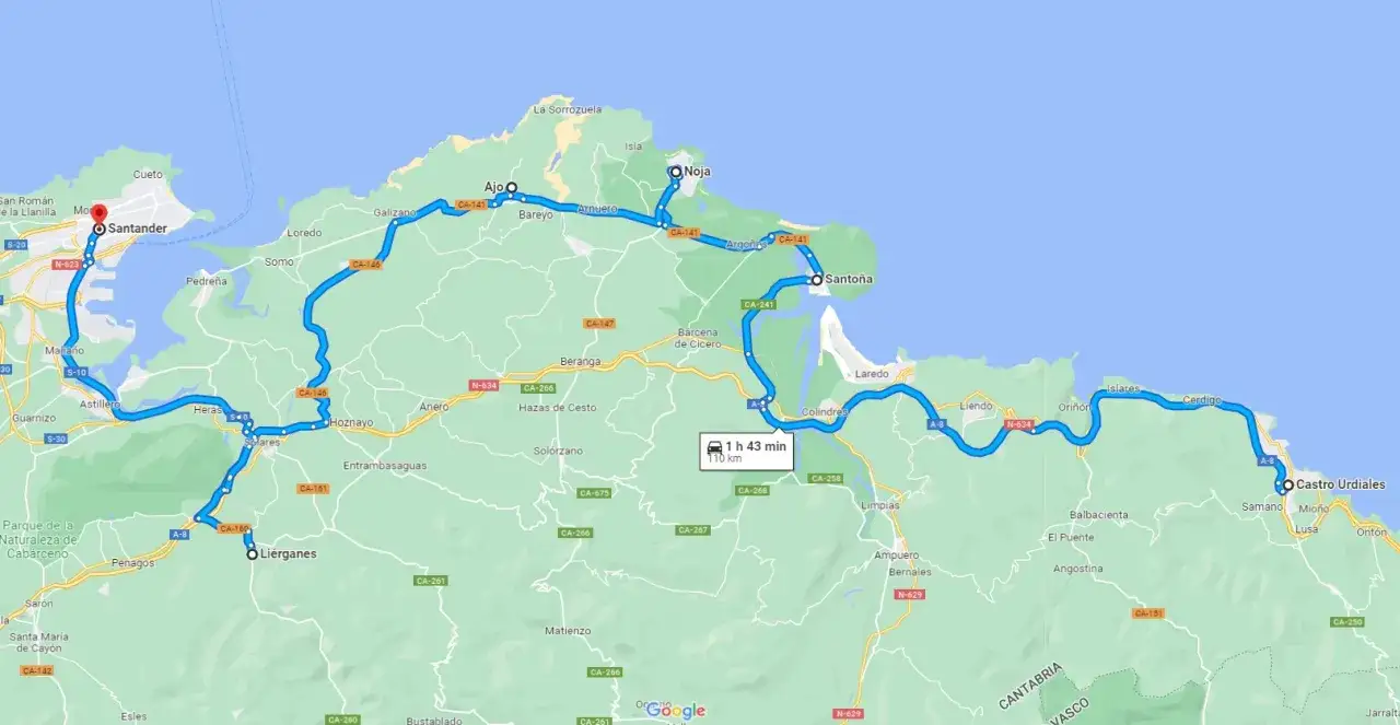 Ruta sugerida para Cantabria en 4 d&iacute;as: Santander, Noja, Santo&ntilde;a y Castro Urdiales. 110 km, 1h 43min.