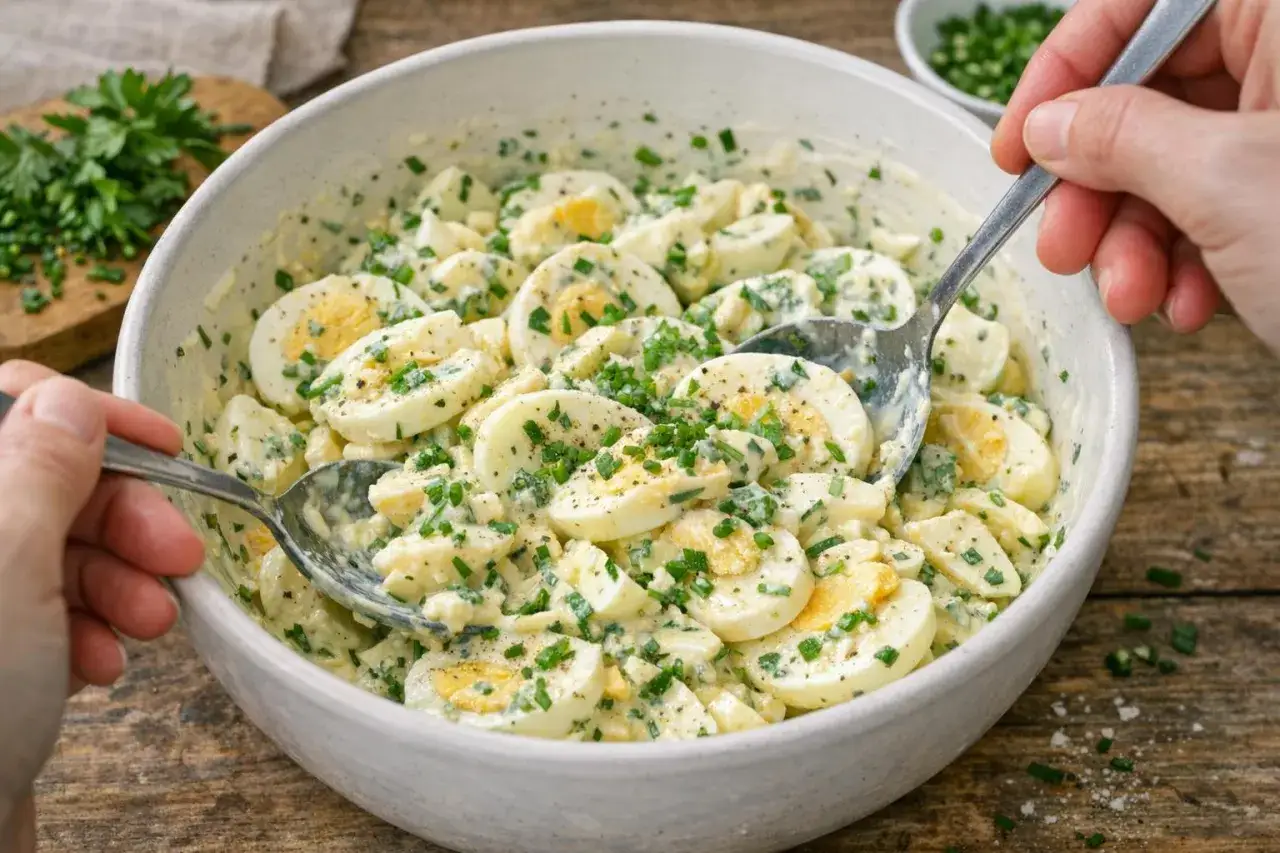Cremiger Eiersalat mit Schnittlauch, perfekt für ein schnelles eiersalat rezept. Zwei Löffel laden zum Probieren ein.