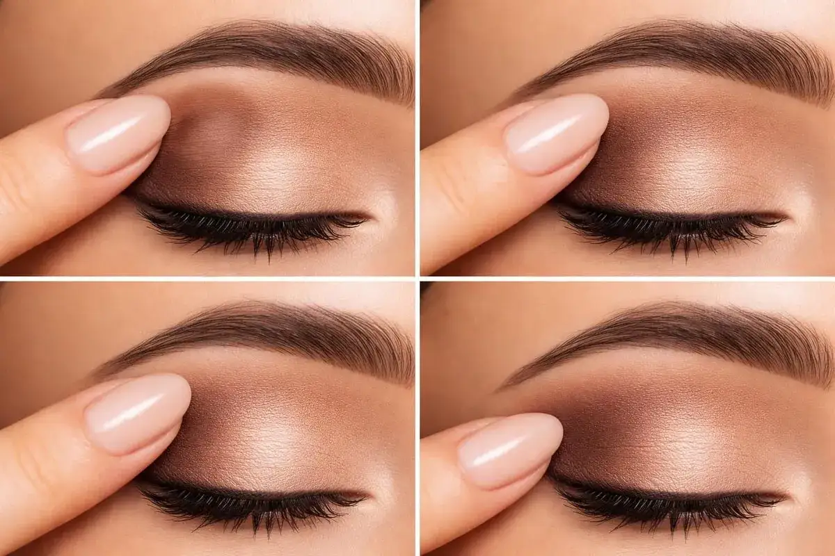 En närbild på ett öga som får en mjuk, brun ögonskugga applicerad. En perfekt latte makeup-look skapas steg för steg.