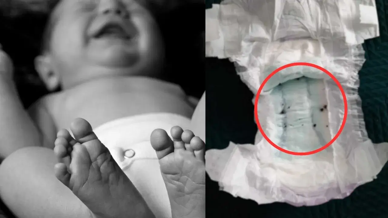 Rozmazane zdjęcie płaczącego dziecka i zużyty pampers z zaznaczonymi ciemnymi plamkami. Wygląda na to, że pampers jest za mały.