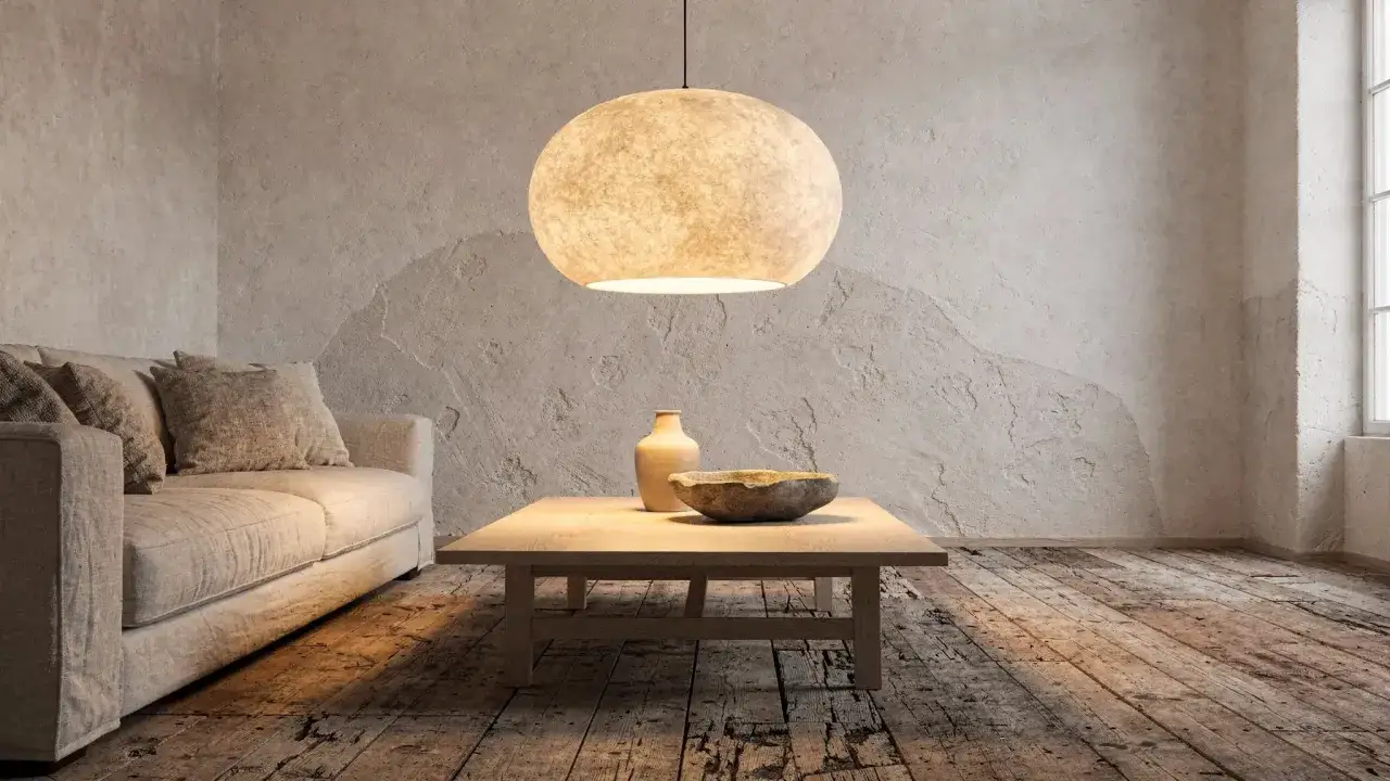 Gemütliches Wohnzimmer mit Sofa, Holztisch und runder Lampe. Die Einrichtung im Stil