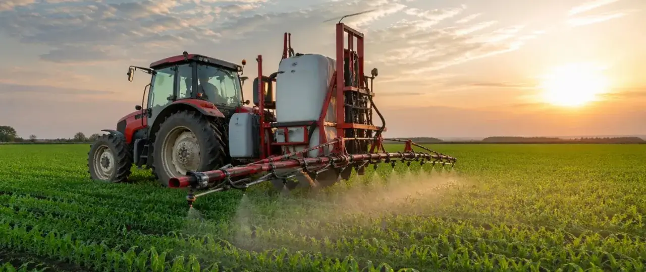 Czerwony traktor z opryskiwaczem na polu kukurydzy o zachodzie słońca. Optymalna temperatura stosowania środk&oacute;w ochrony roślin jest kluczowa.
