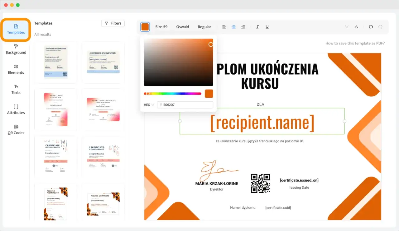 Program do tworzenia dyplom&oacute;w pozwala na edycję szablon&oacute;w. Wybierz szablon, a następnie dostosuj kolory i tekst, by stworzyć unikalny dyplom.