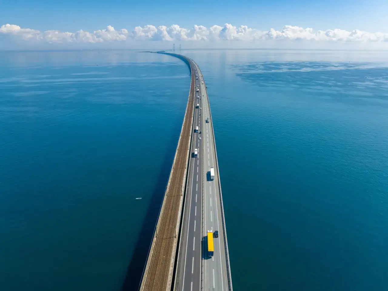 El puente del Gran Belt se extiende sobre el mar azul, conectando islas con tráfico y trenes.