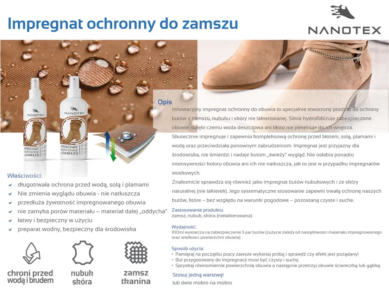 Impregnacja nubuku i zamszu: ochrona przed wodą, solą i plamami. Preparat wodny, bezpieczny dla środowiska, nie zmienia wyglądu obuwia.