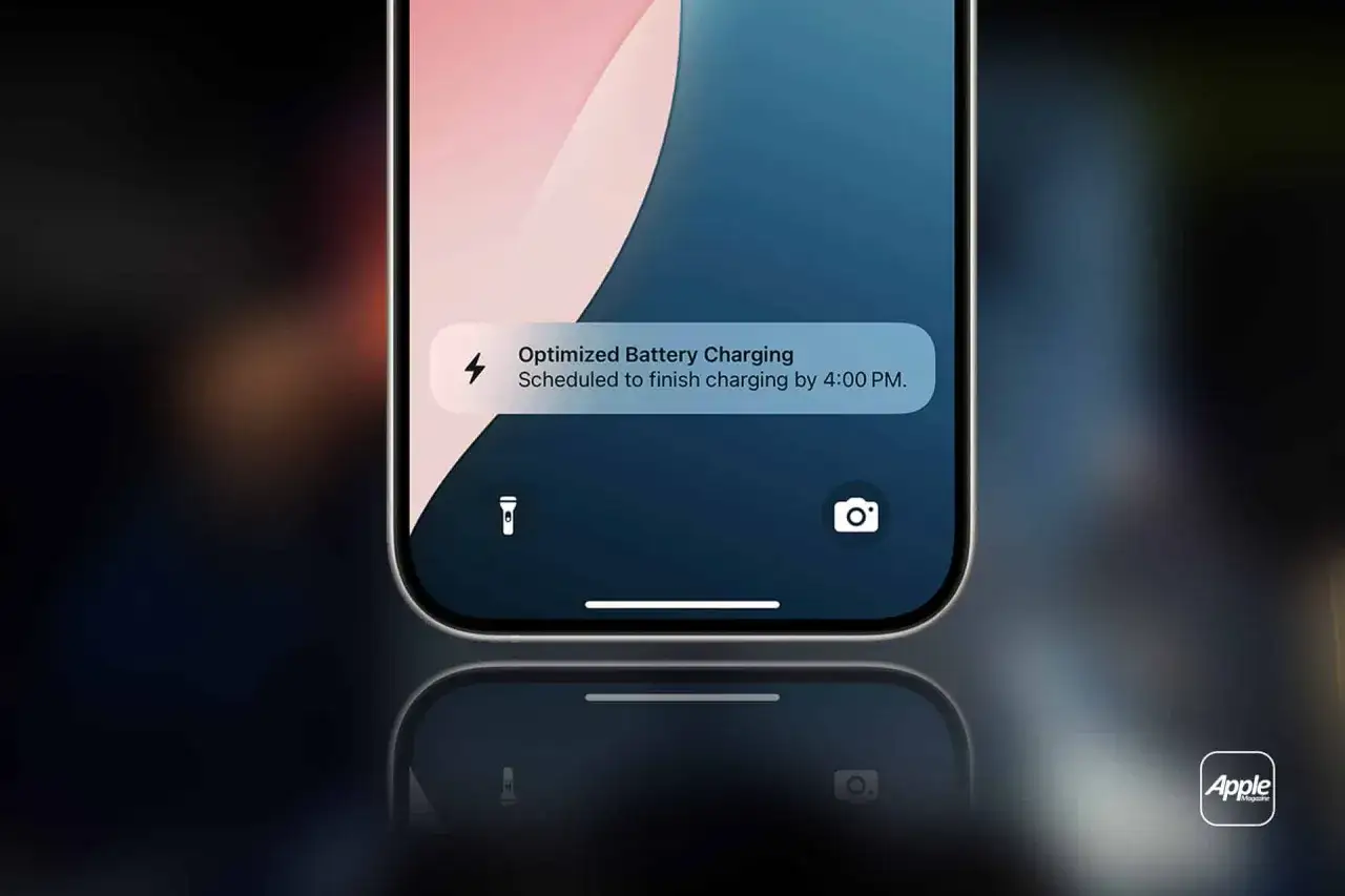 En iPhone visar en notis om optimerad batteriladdning, schemalagd att slutf&ouml;ras kl 16.00.
