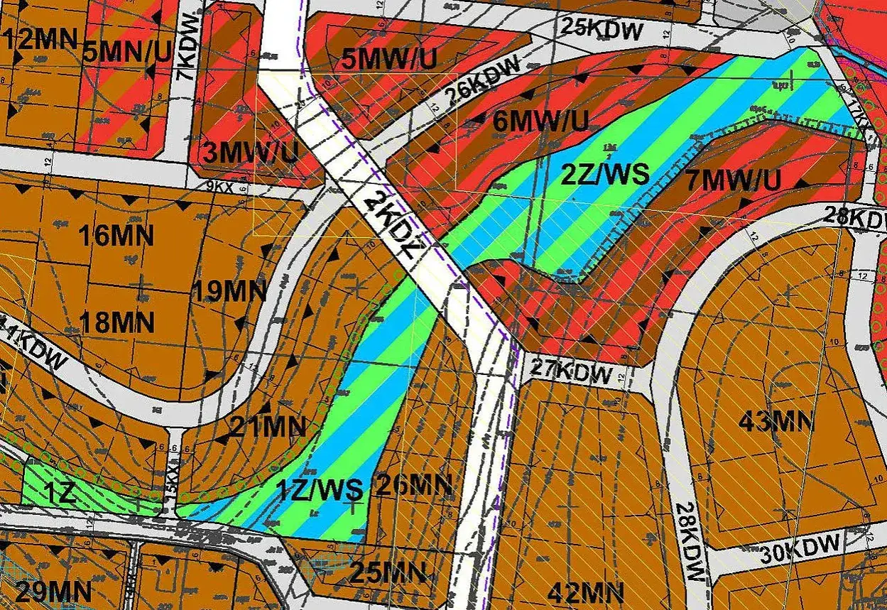 Mapa z oznaczeniami terenów, w tym strefy zielonej 2Z/WS, gdzie zasiedzenie może być problemem.