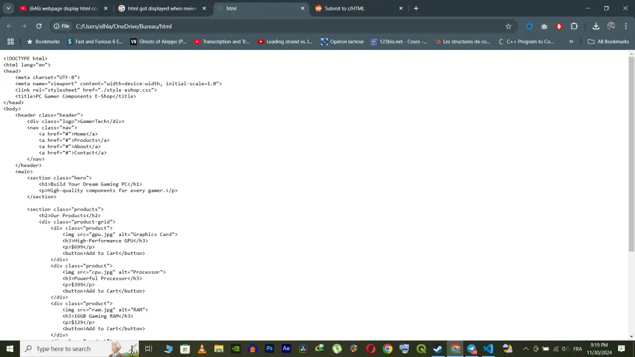 Jak zobaczyć kod HTML strony: przeglądarka wyświetla kod źródłowy strony internetowej z elementami takimi jak nagłówek, nawigacja i produkty.