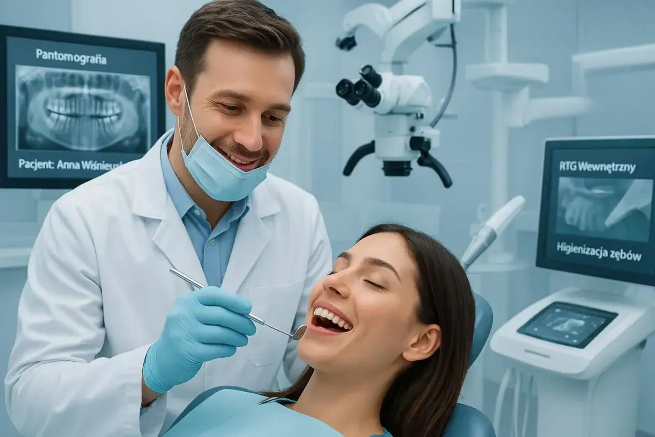 Uśmiechnięta pacjentka na pierwszej wizycie u dentysty po latach. Lekarz w masce bada jej zęby.