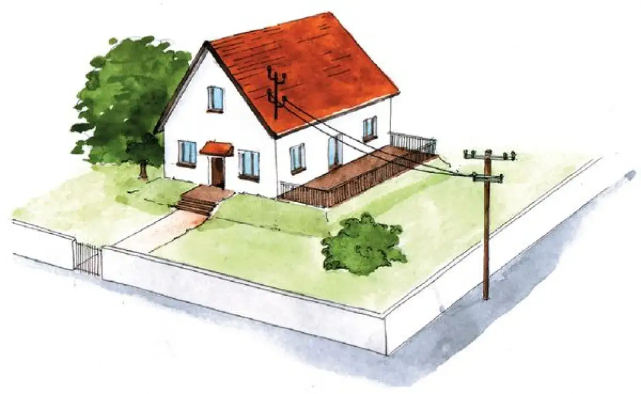 Dom z czerwonym dachem, podłączony do słupa energetycznego. Ilustracja pokazuje, jak włączyć prąd do budynku.