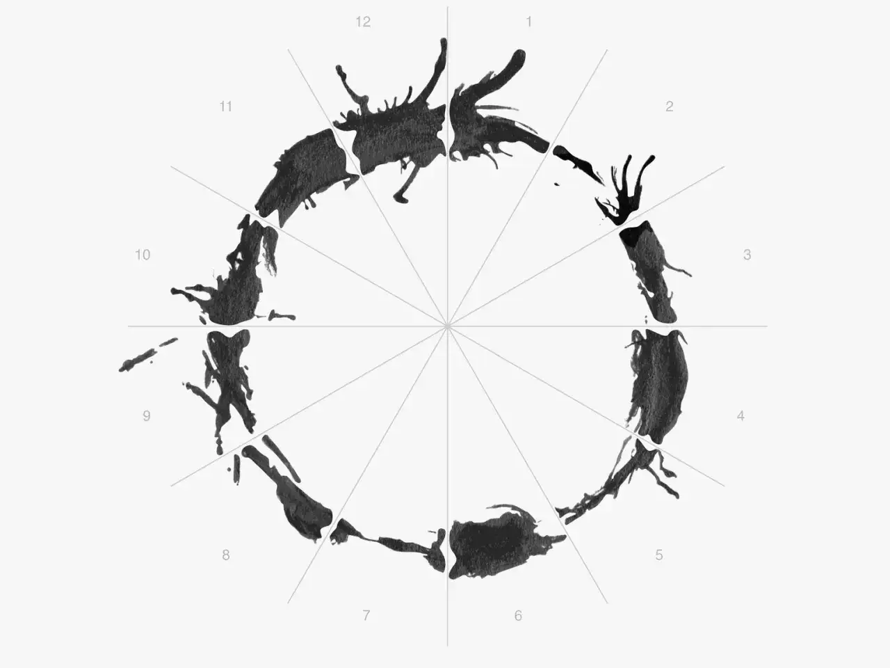 Symbol koła z numerami od 1 do 12, wypełniony czarnymi, abstrakcyjnymi plamami. Metafizyka czasu i przestrzeni.