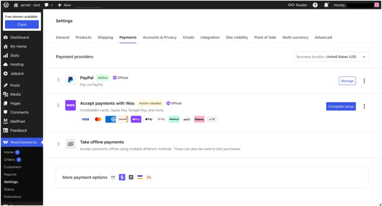 Ustawienia płatności w WooCommerce: PayPal aktywny, opcje płatności kartą i inne.
