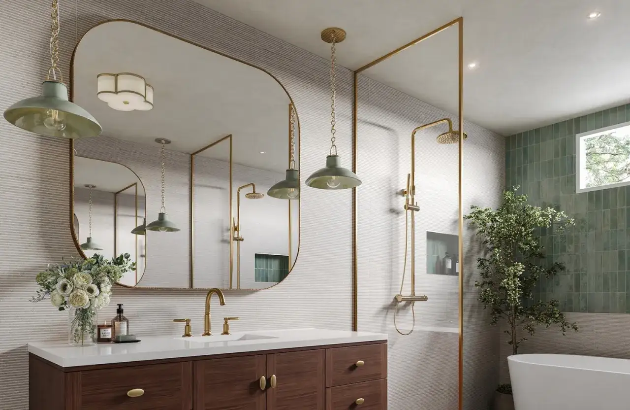 A modern bathroom featuring a large, rounded mirror with a gold frame, showcasing current bathroom mirror trends.