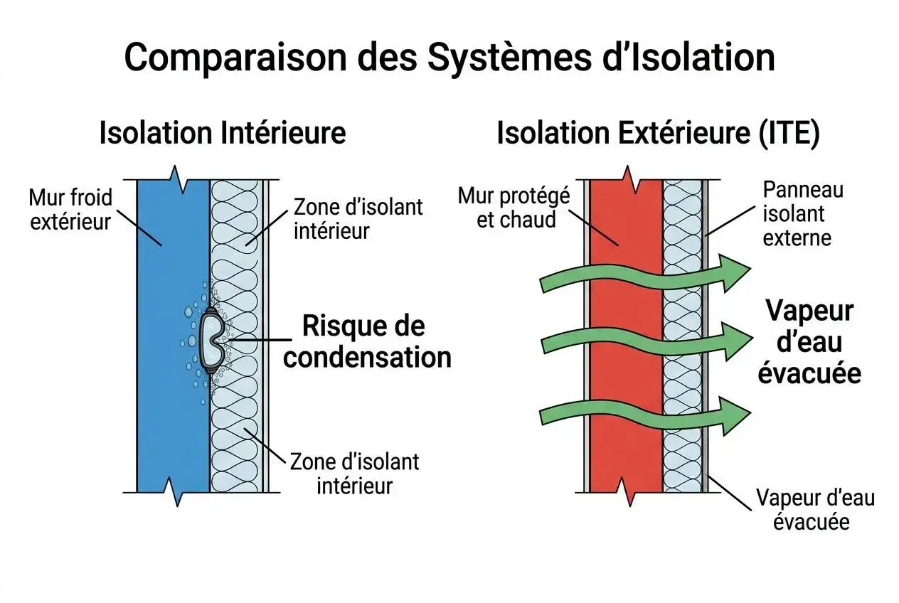 Comparaison isolation intérieure vs. extérieure (ITE). L'ITE protège le mur et évacue la vapeur d'eau, évitant la condensation.