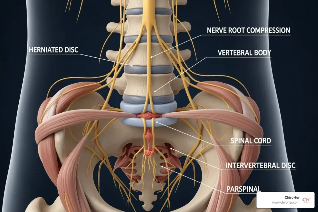Detailreiche Darstellung der Lendenwirbelsäulen-Anatomie mit Bandscheibenvorfall, Nervenwurzelkompression und Wirbelkörpern.