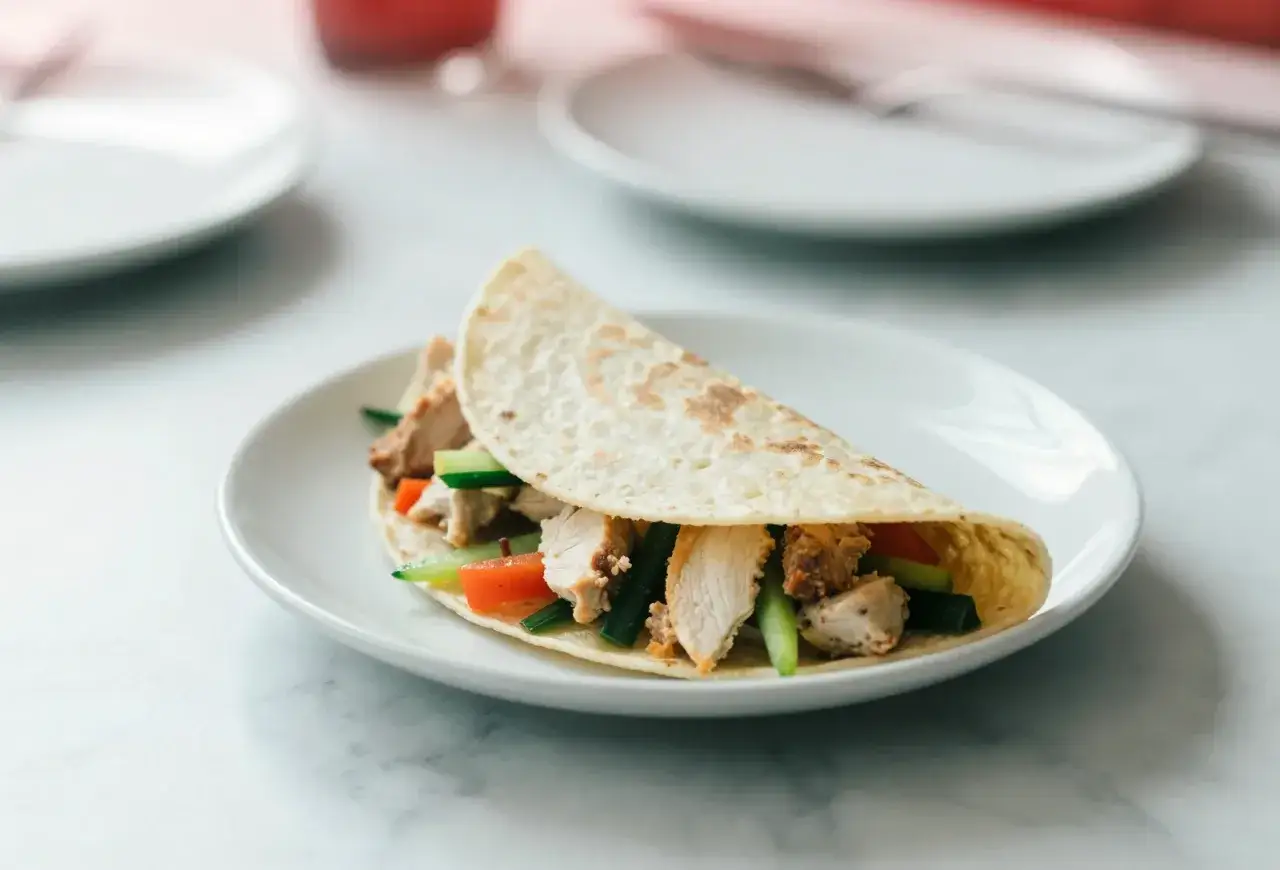 Pyszna tortilla z kurczakiem, świeżym ogórkiem i pomidorem, podana na białym talerzu. Idealna na szybki lunch.