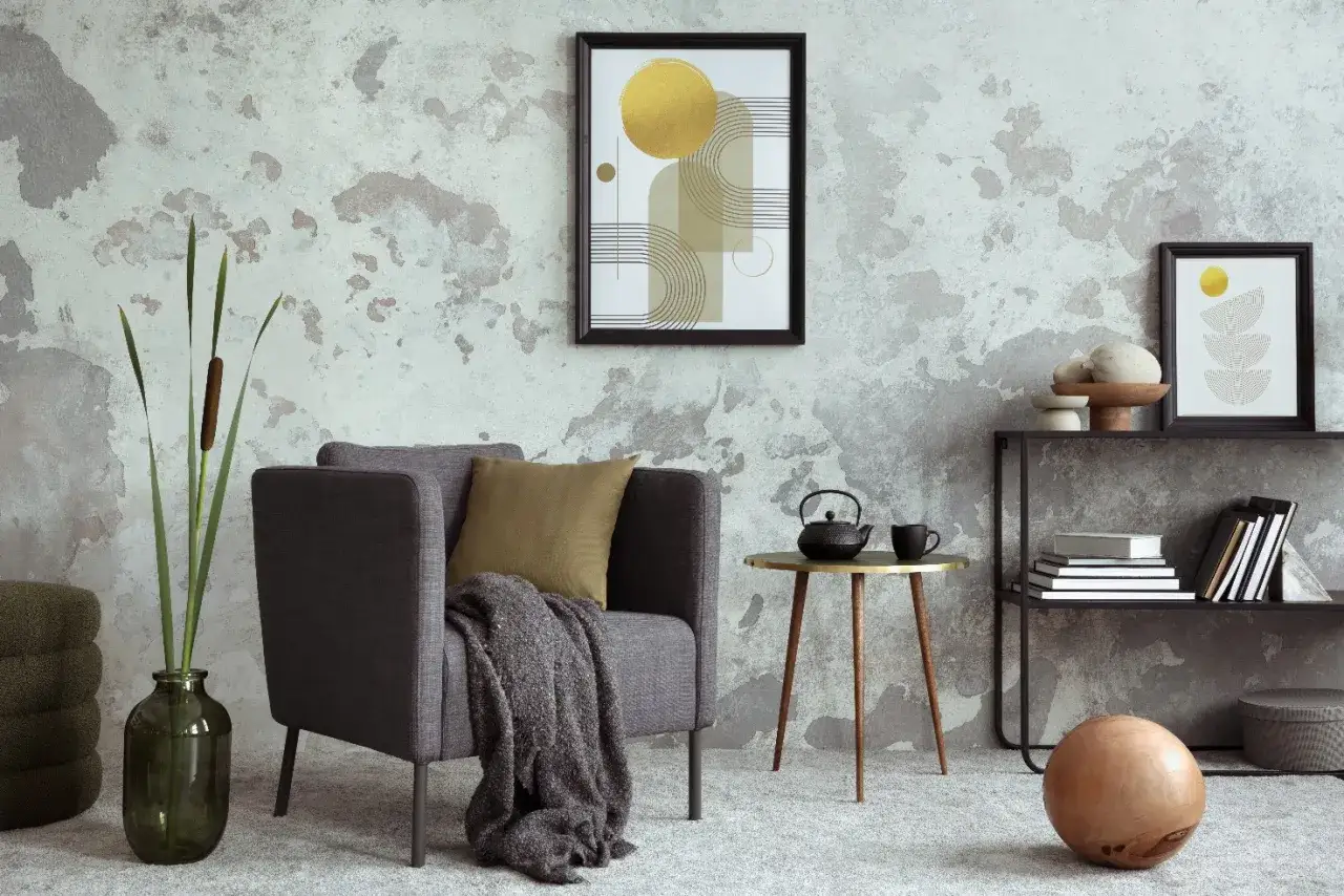 Sal&oacute;n moderno con pared texturizada, perfecto para combinar papel pintado y pintura. Sill&oacute;n gris, mesa auxiliar dorada y arte abstracto.