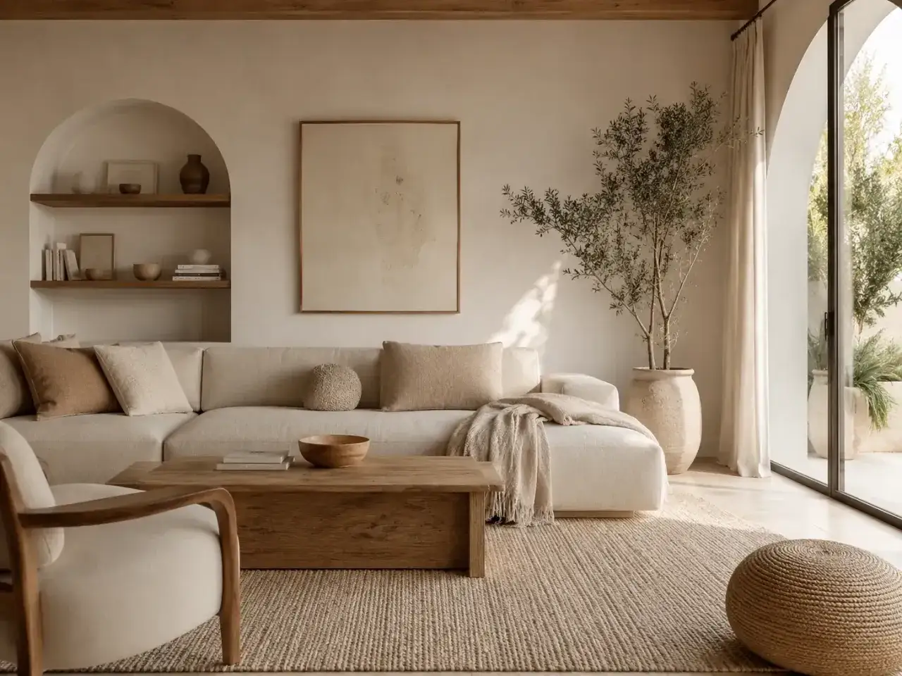 Przytulny salon w stylu hygge: duża, beżowa sofa, drewniany stolik, miękkie poduszki i roślina w glinianej donicy.