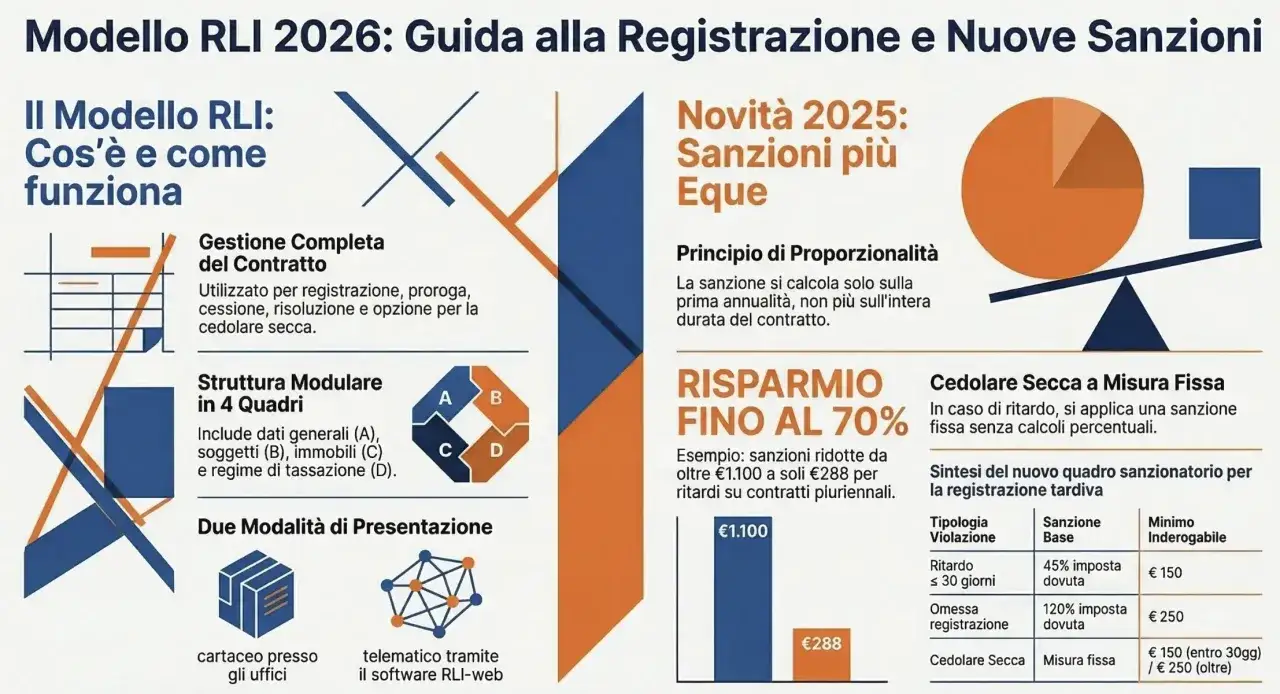 Guida al Modello RLI 2026: gestione contratti, sanzioni e rimborso imposta di registro locazione. Novit&agrave; 2025 con sanzioni pi&ugrave; eque.