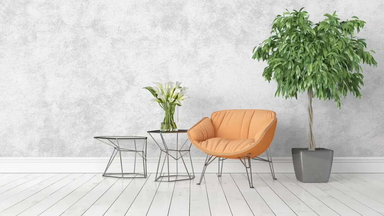 Soggiorno moderno con poltrona arancione, tavolini in metallo, fiori bianchi e un albero in vaso. La parete presenta una **decorative paint** effetto grezzo.