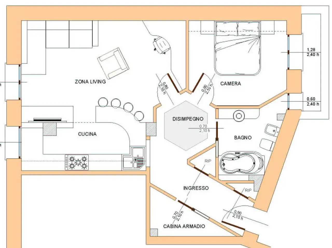 Planimetria di un appartamento: zona living, cucina, disimpegno, camera, bagno con vasca idromassaggio, cabina armadio. Ecco cosa fa l'architetto d'interni: ottimizza gli spazi.